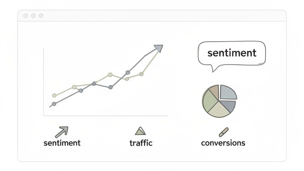 Data visualization dashboard showing sentiment trend lines, pie chart, traffic, and conversions with icons.