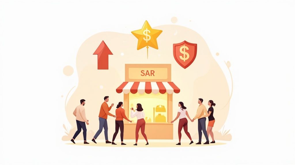 People gathered around a small shop with growth, star, and shield money symbols above it.