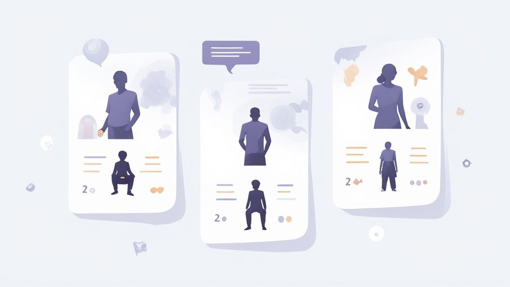 Three abstract cards displaying stylized male and female silhouettes with icons, representing user data or profiles.