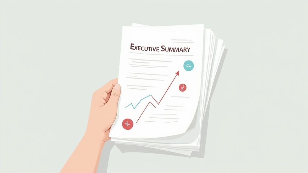 A hand holds an Executive Summary report with a graph showing upward progress.