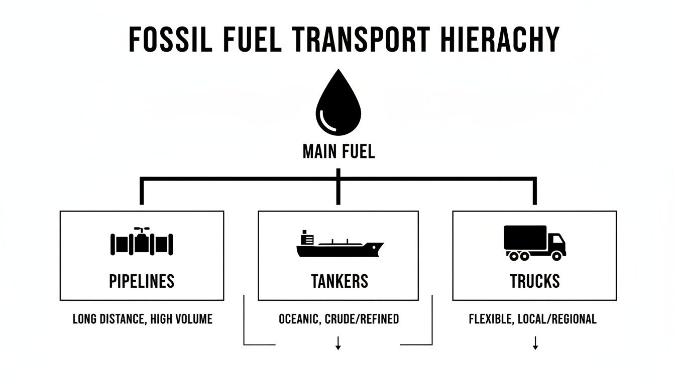 A diagram illustrating the fossil fuel transport hierarchy, showing pipelines, tankers, and trucks as methods.
