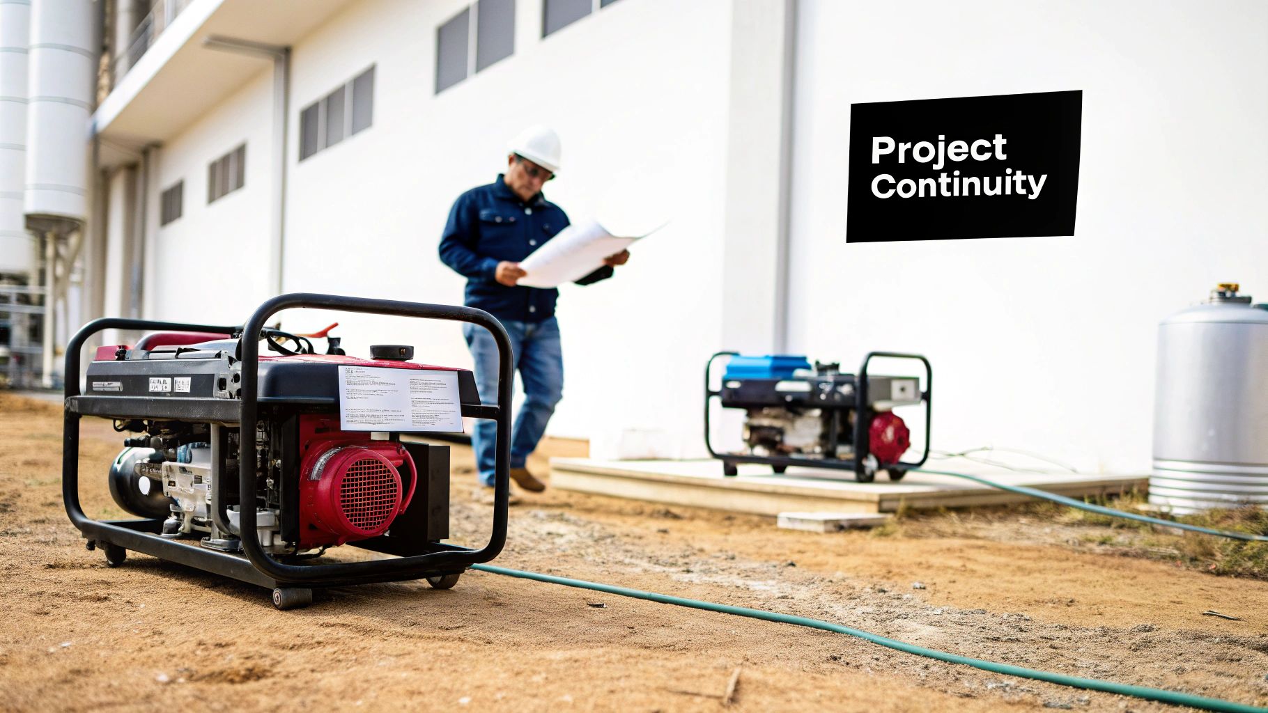 A construction worker reviews plans next to two portable generators, emphasizing project continuity.