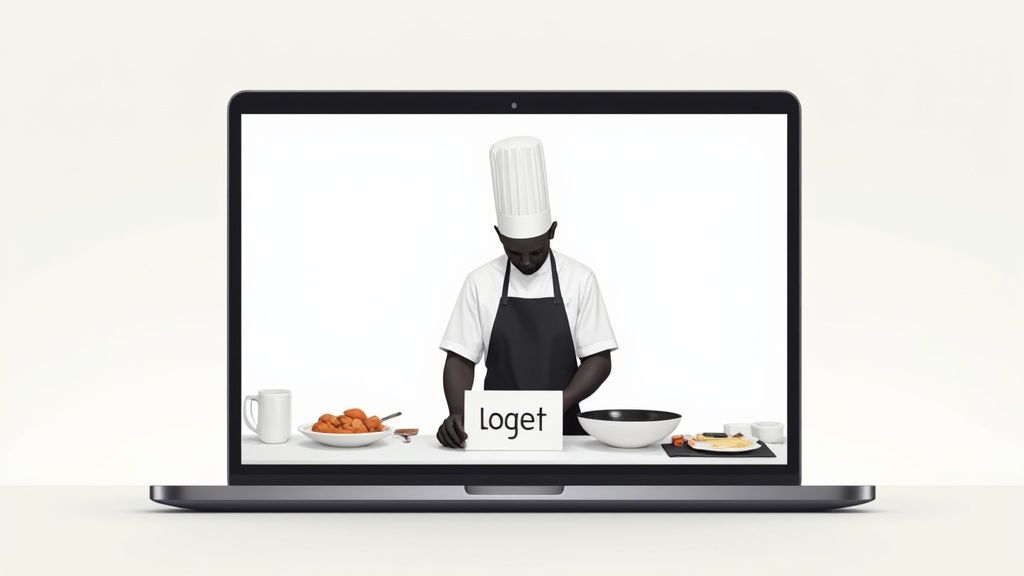 A laptop screen displays a chef in a white hat and black apron with a 'Loget' sign.