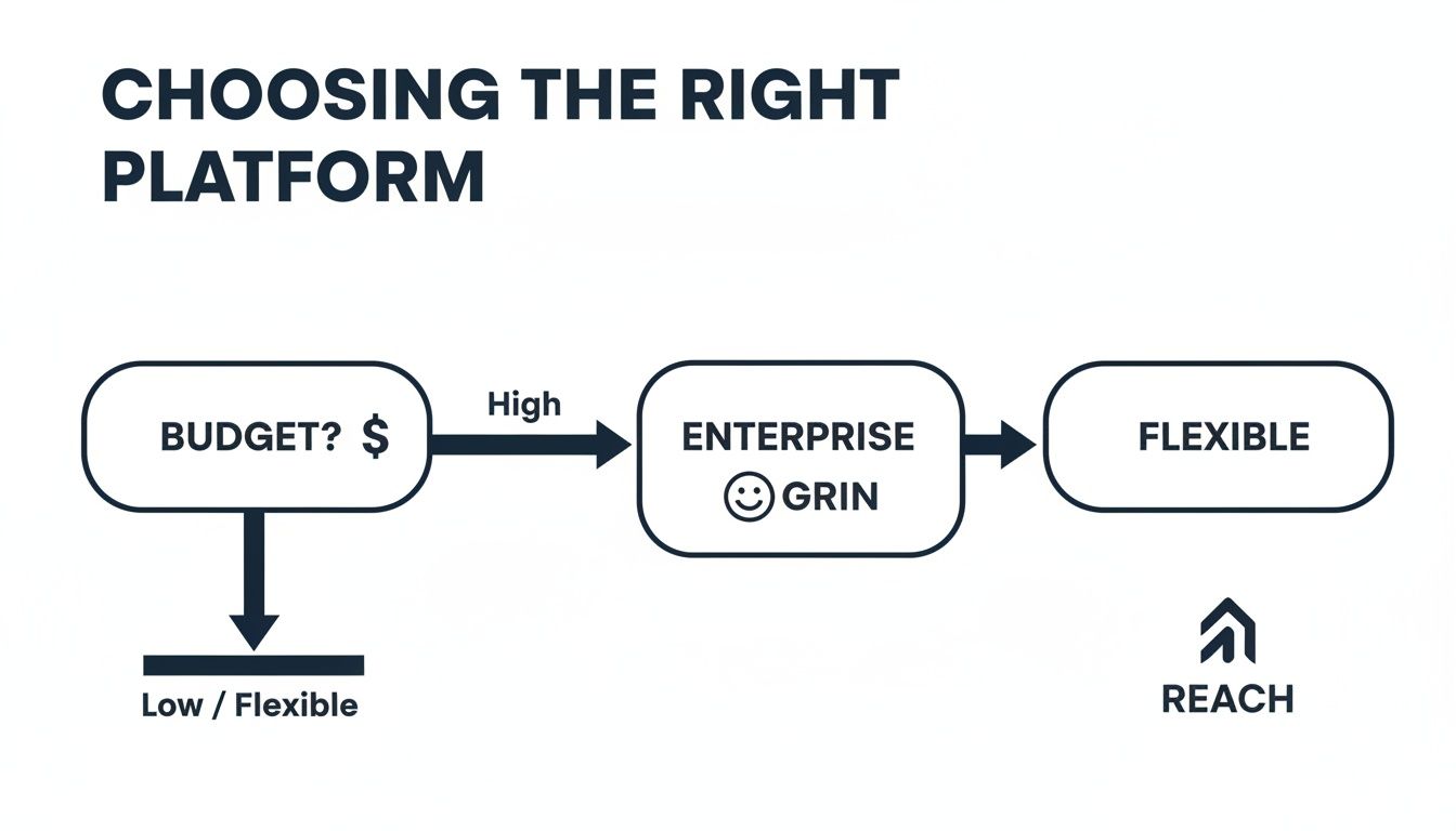 A flowchart titled 'Choosing the Right Platform' shows decision based on budget, leading to Enterprise GRIN for high budgets or flexible REACH for low budgets.