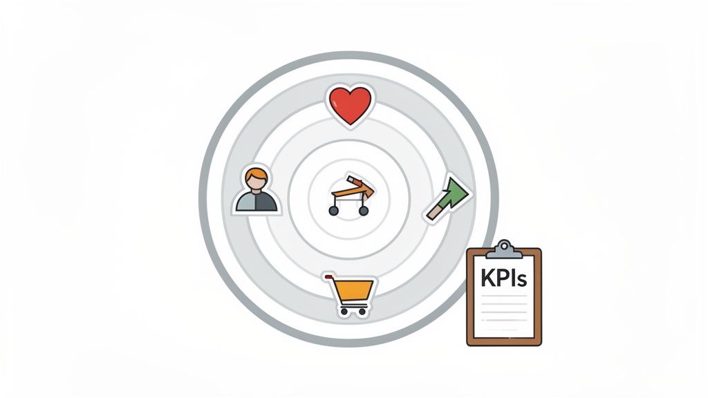 A diagram illustrating the best practices for social media KPI tracking with icons for customers, loyalty, growth, and conversions.