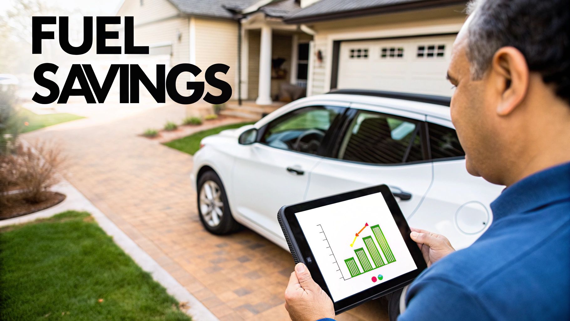 Man holding a tablet with a fuel savings graph next to a white car in a driveway.