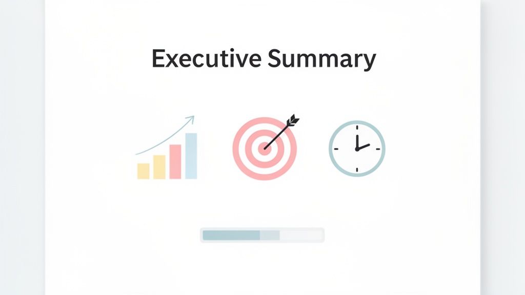 Executive Summary slide with icons for growth, target goals, and time, plus a progress bar.