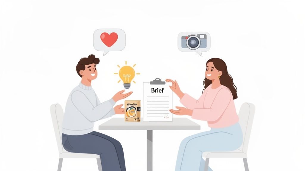 Two individuals collaborate at a table, discussing a brief, ideas (lightbulb), and photography (camera).