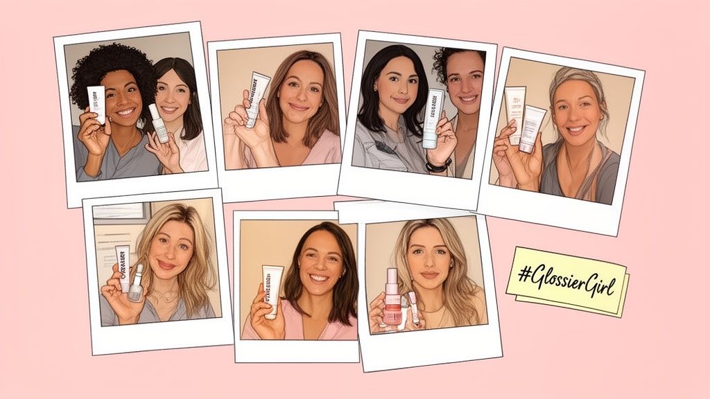 Stylized illustrations of diverse women holding Glossier beauty products in polaroid frames, with a #GlossierGirl hashtag.