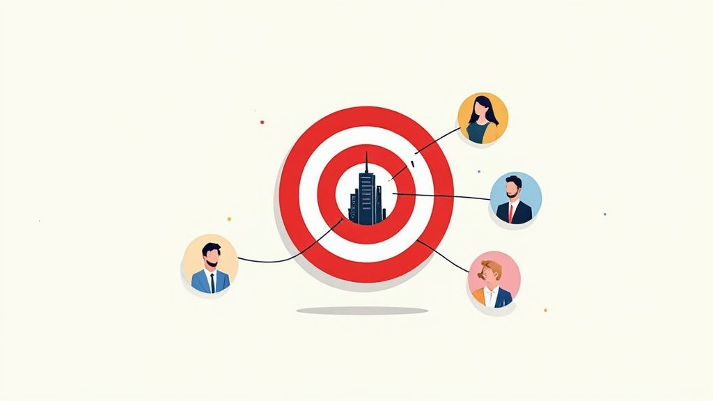 Diverse business professionals are connected to a central target representing a market or goal.