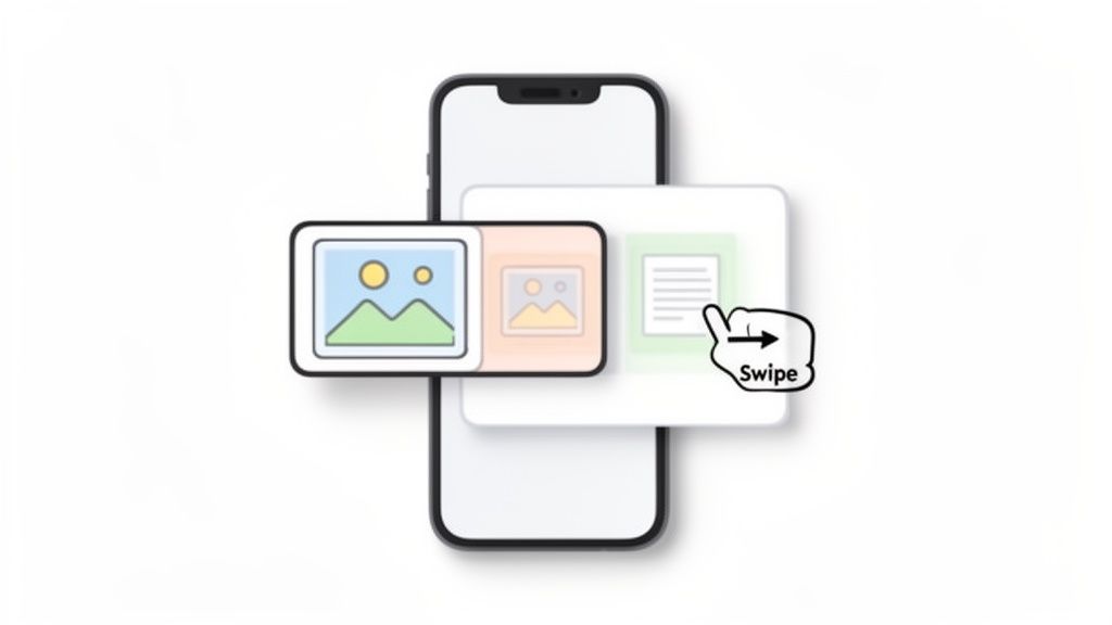 Smartphone screen with overlapping image and text content cards, indicating a 'Swipe' gesture.