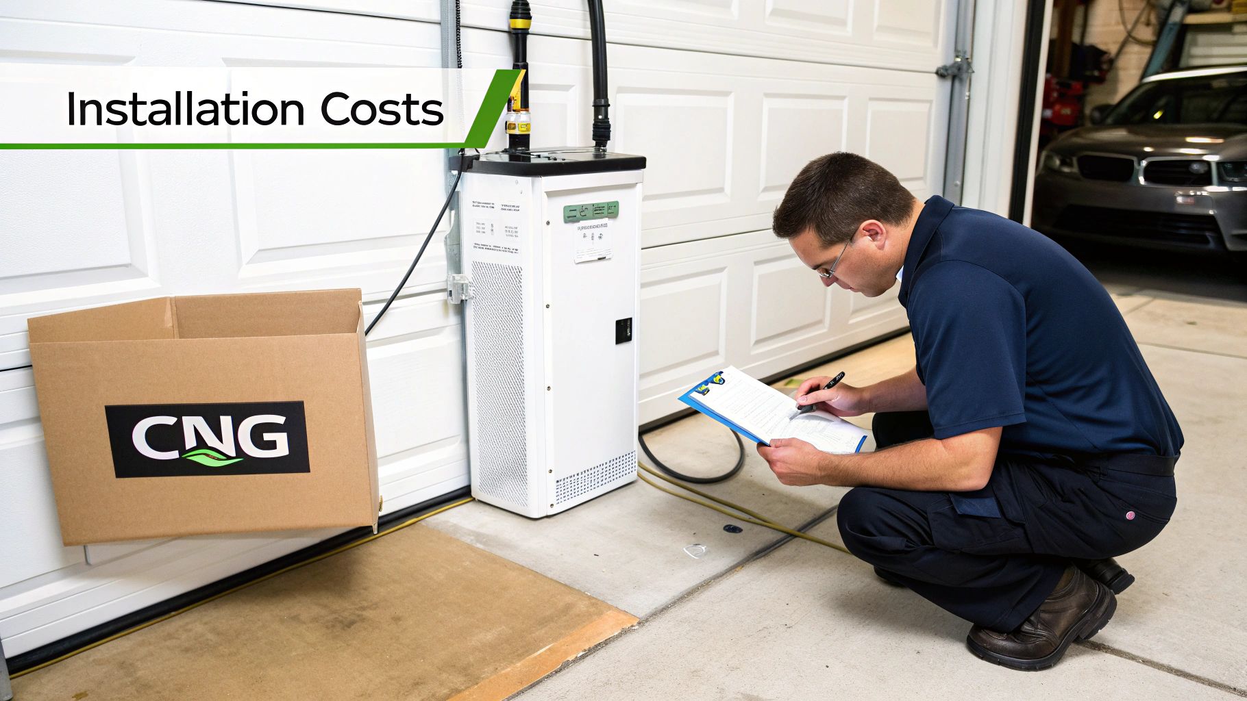 A technician reviewing documents while installing a home CNG fueling station in a garage.