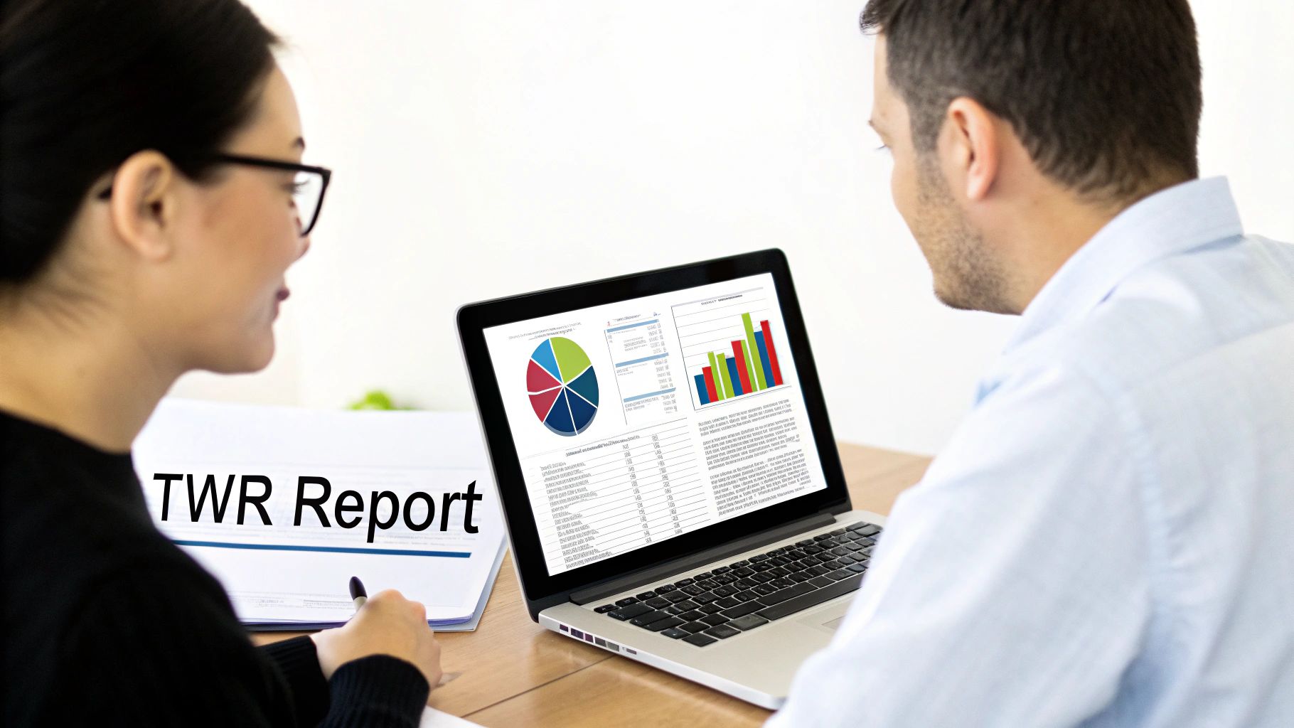Two professionals review a TWR Report and financial data, collaborating on a laptop in an office.