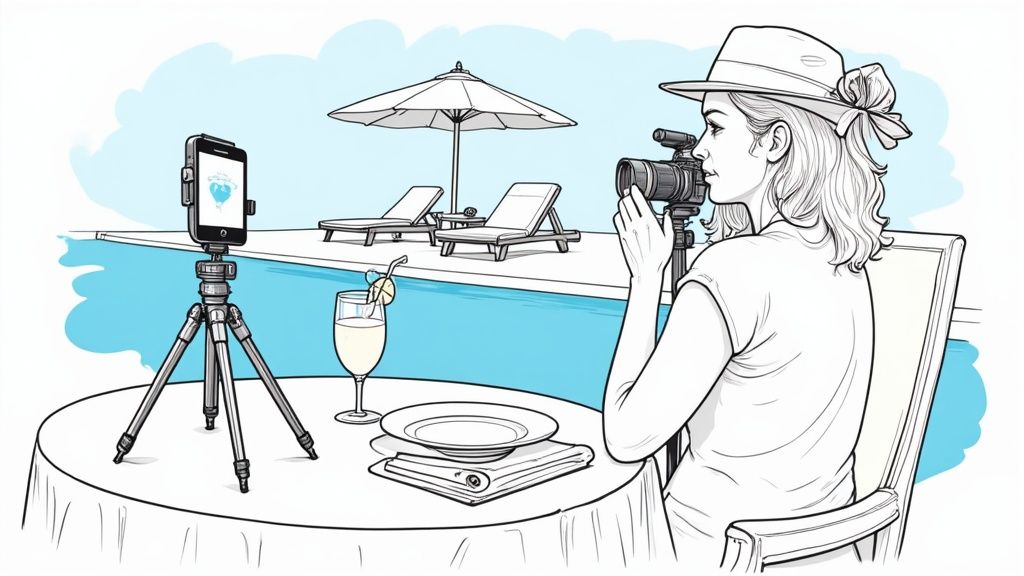 A woman records with a camera and phone at a poolside table, creating content for social media.
