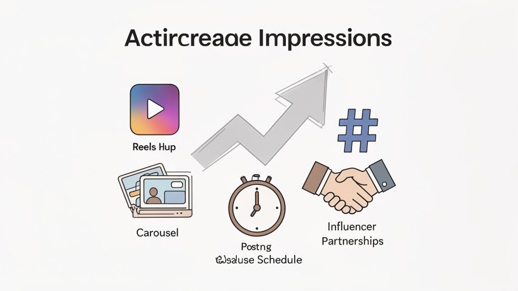 Infographic showing strategies to increase social media impressions, including Reels, Carousels, posting schedule, and influencer partnerships.