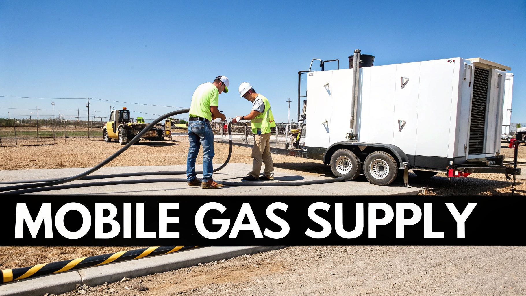 Two workers connect hoses to a mobile gas supply unit at an outdoor industrial site.