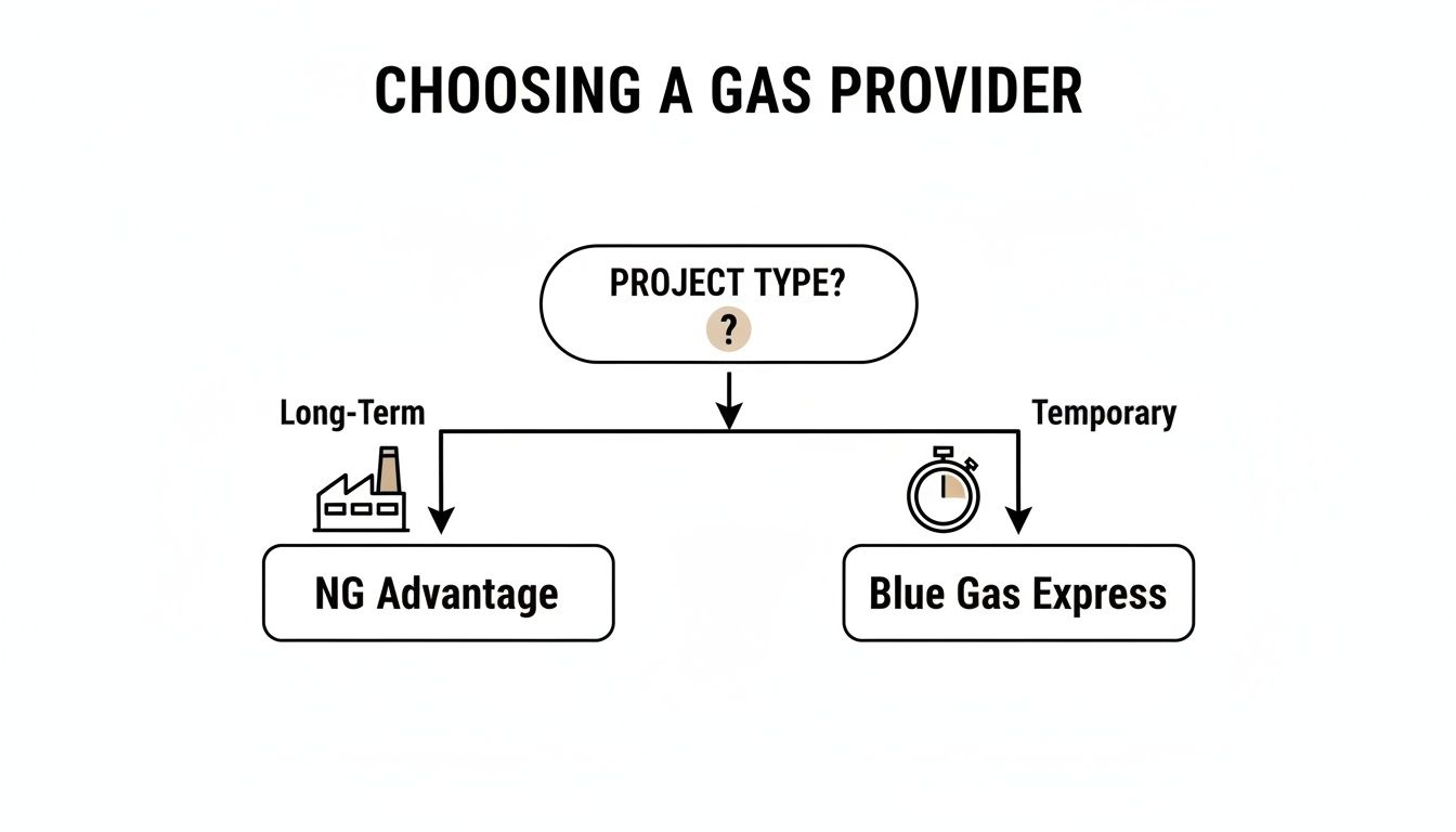 Flowchart showing how to choose a gas provider based on project type: long-term or temporary.