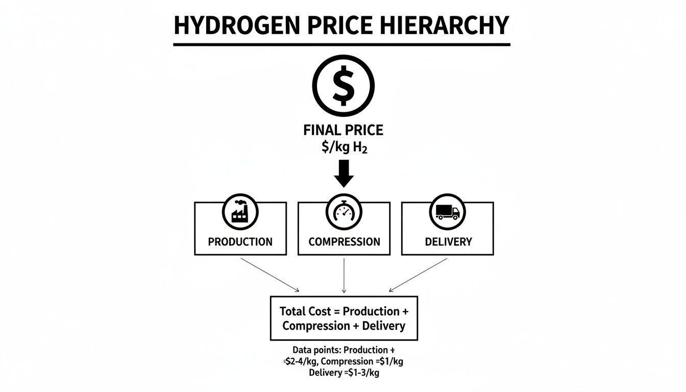 Diagram illustrating the hydrogen price hierarchy, detailing final price components: production, compression, and delivery costs.