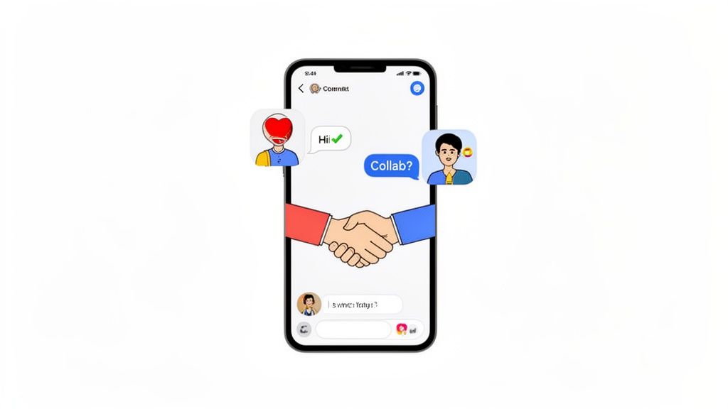 A smartphone shows a messaging app with avatars discussing a 'Collab?' message and a handshake.