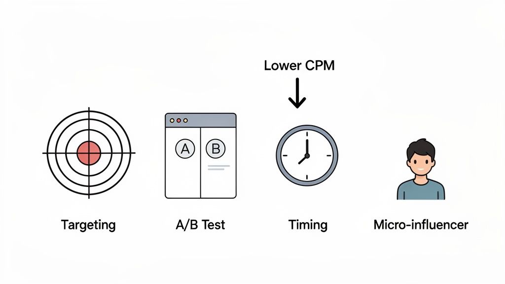 Icons illustrating marketing strategies: targeting, A/B testing, timing for lower CPM, and micro-influencers.