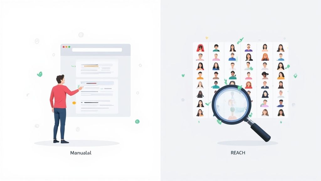 An illustration comparing manual content management with a web browser to extensive user reach with a magnifying glass.