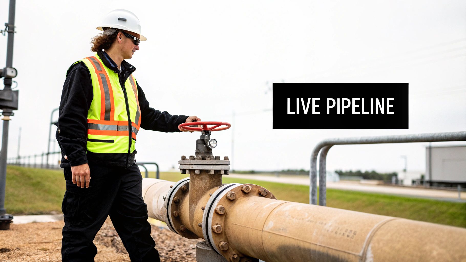 An industrial worker in safety gear inspects a large outdoor pipeline with a red valve.