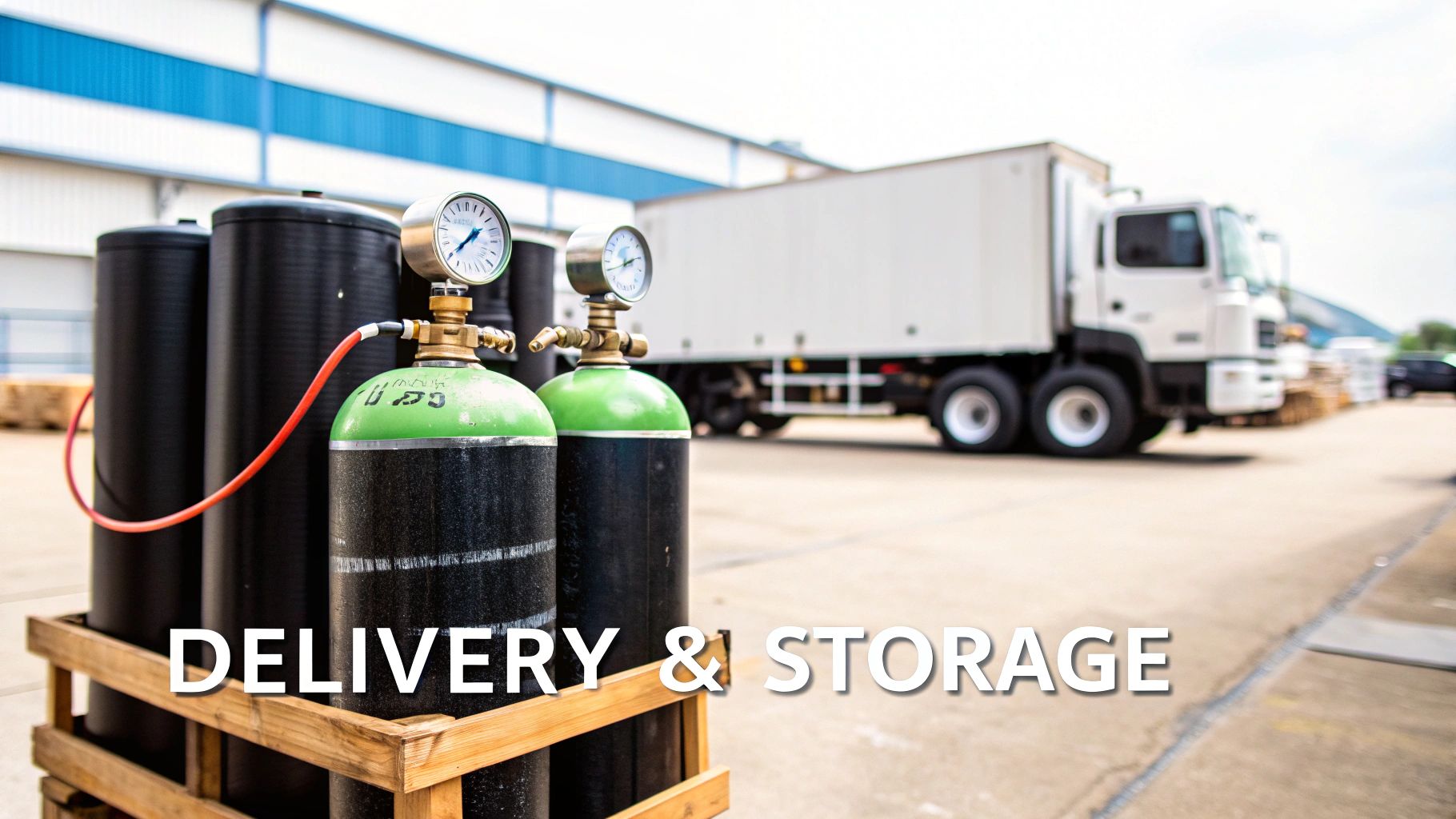 Green and black gas cylinders on a wooden pallet with gauges, with a white delivery truck in the background, illustrating gas supply and storage.