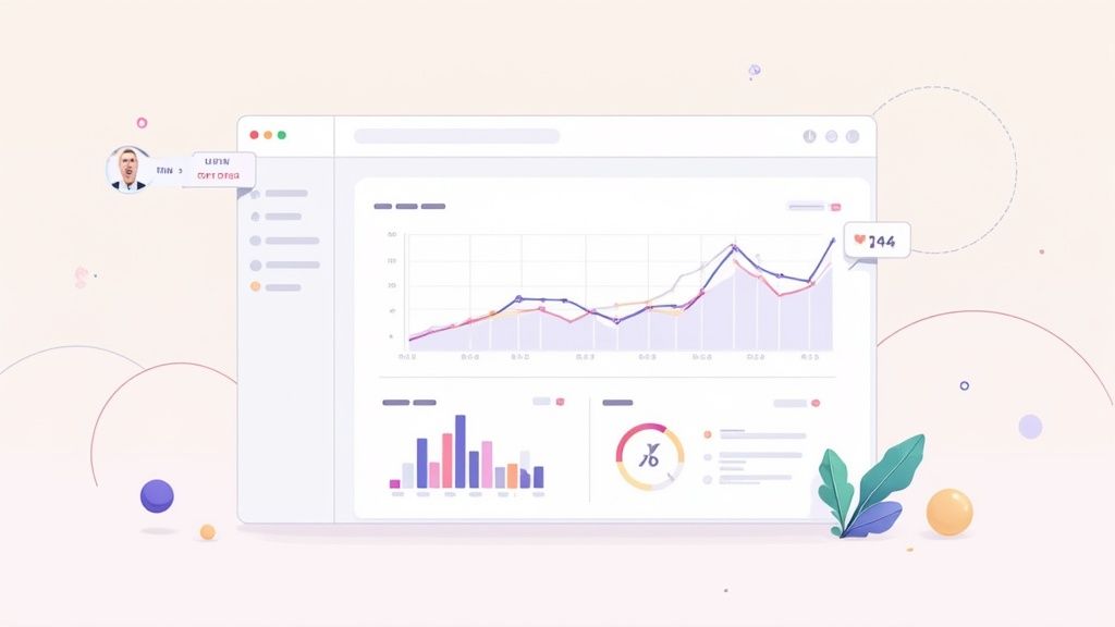 A clean illustration of a digital marketing analytics dashboard with charts, graphs, and a notification.