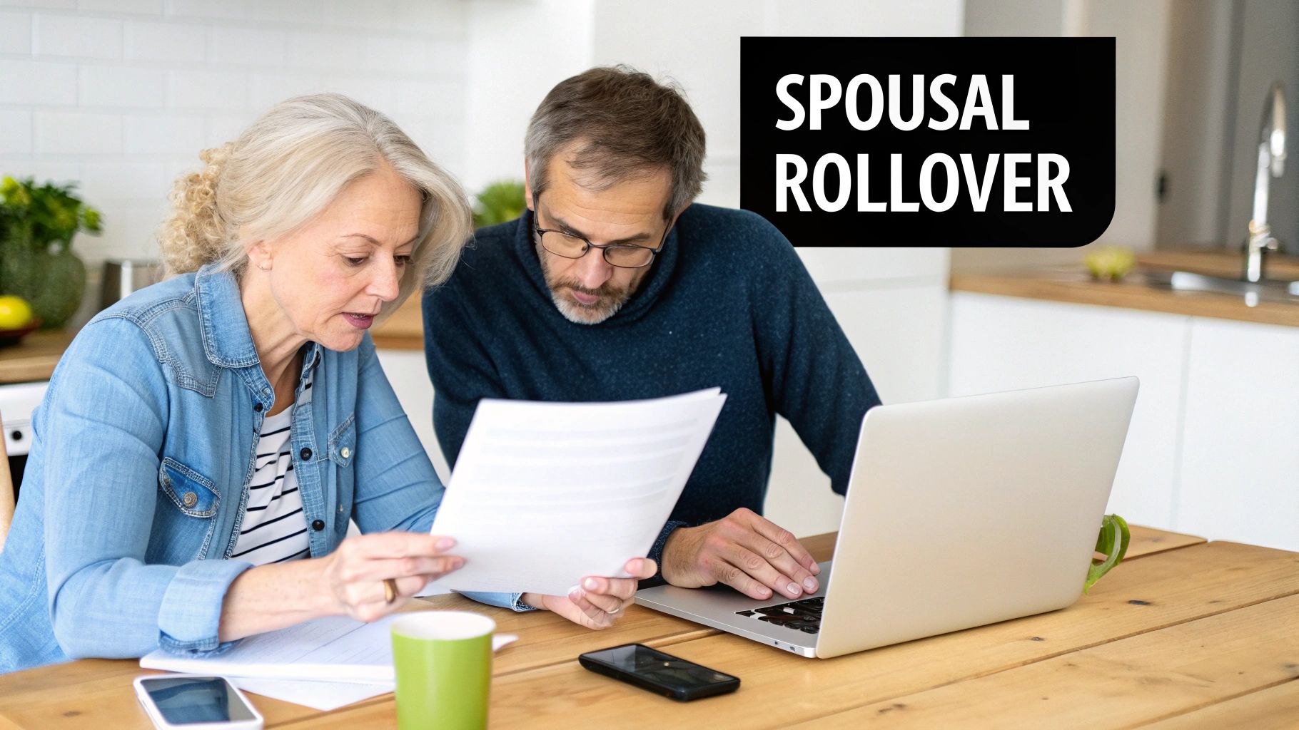 An older couple at a kitchen table, reviewing financial documents and using a laptop, with "SPOUSAL ROLLOVER" text overlay.