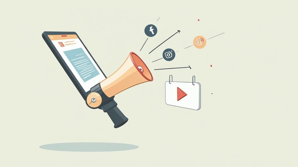 Digital marketing concept: a smartphone with a megaphone promoting content to various social media channels.