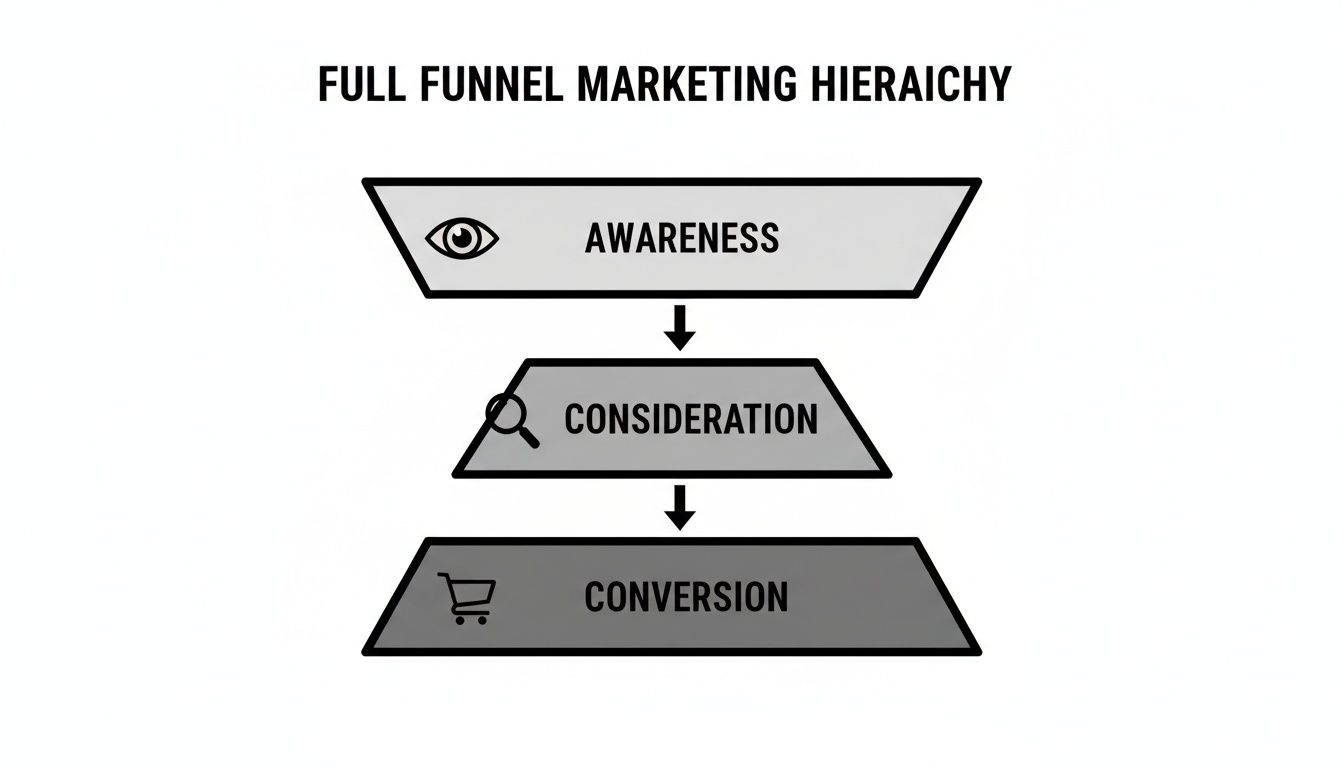 Diagram illustrating the full funnel marketing hierarchy with three stages: Awareness, Consideration, and Conversion.