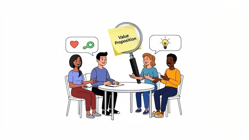 Four diverse people discussing ideas around a table, focused on a 'Value Proposition'.