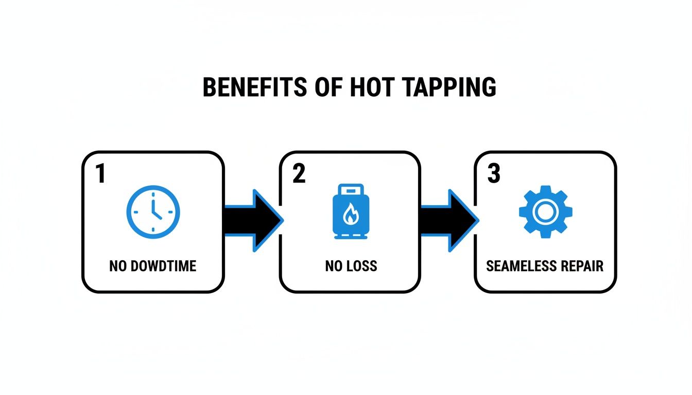 Diagram showing three benefits of hot tapping: no downtime, no loss, and seamless repair.