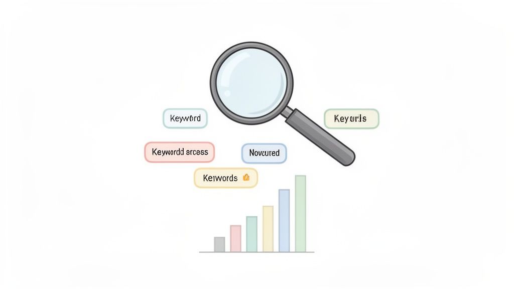 A magnifying glass examining various keyword terms and a growing bar chart, symbolizing SEO analysis.