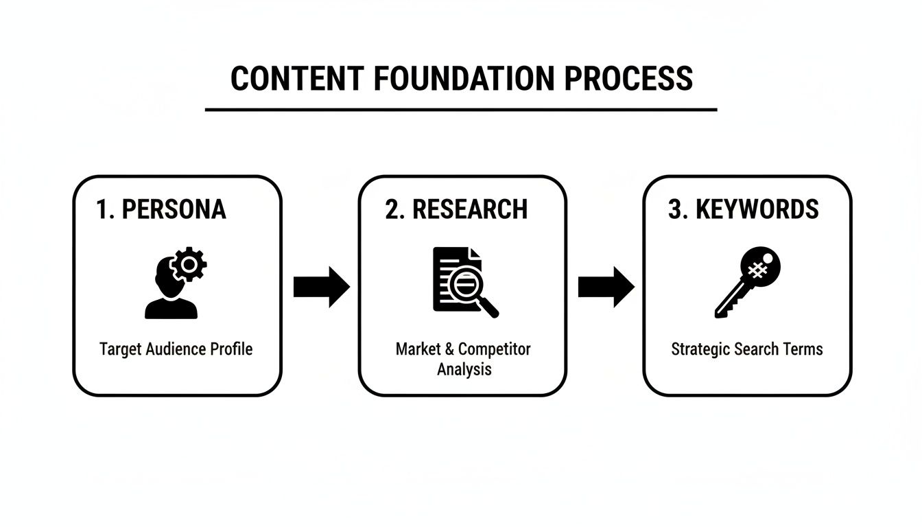 Flowchart illustrating the content foundation process: persona, research, and keywords for web content strategy.