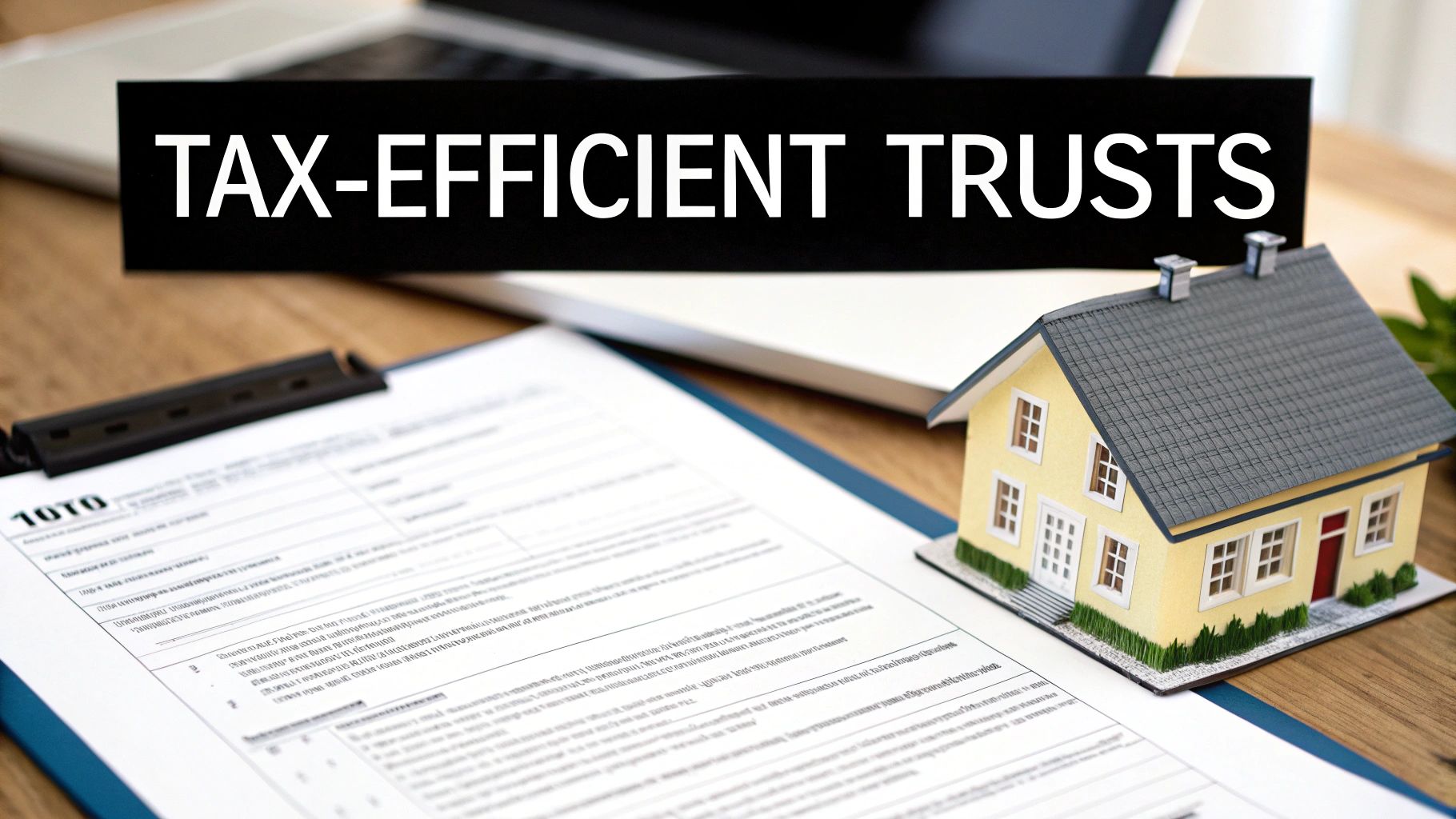 A sign displaying 'TAX-EFFICIENT TRUSTS' with a miniature house, tax form, and laptop on a wooden desk.