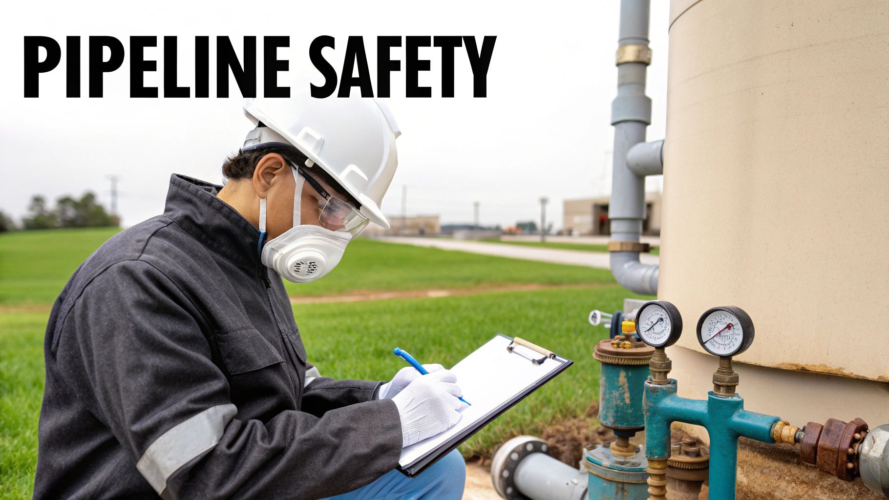 A worker in safety gear inspects pipeline equipment and gauges, writing notes on a clipboard.