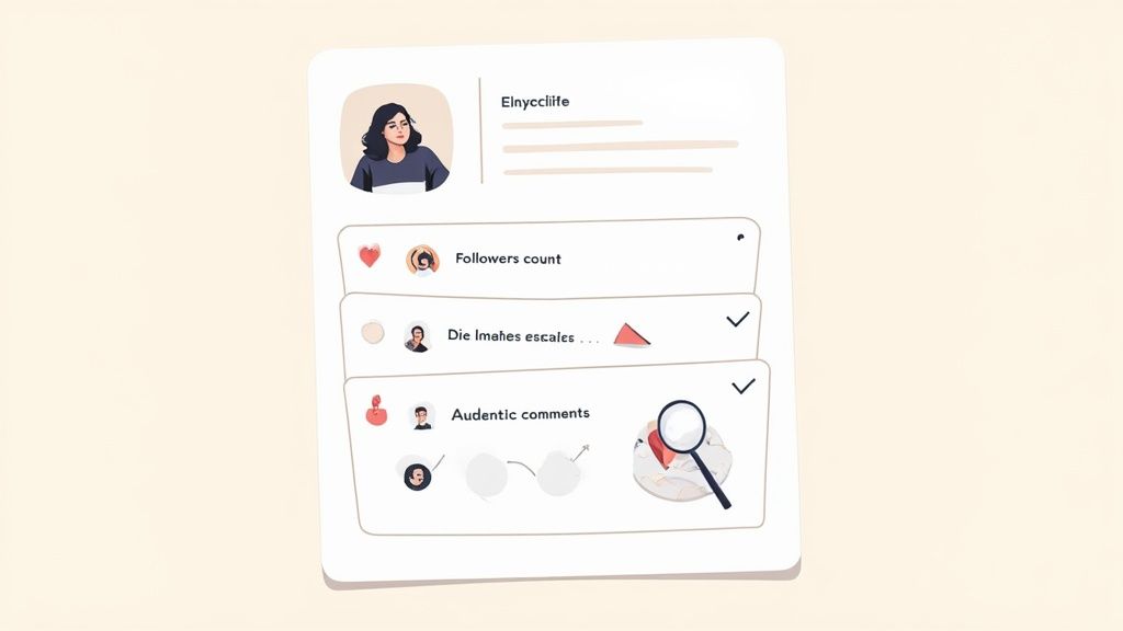 A white card illustrating social media analytics with a user profile, follower count, and authentic comments sections.