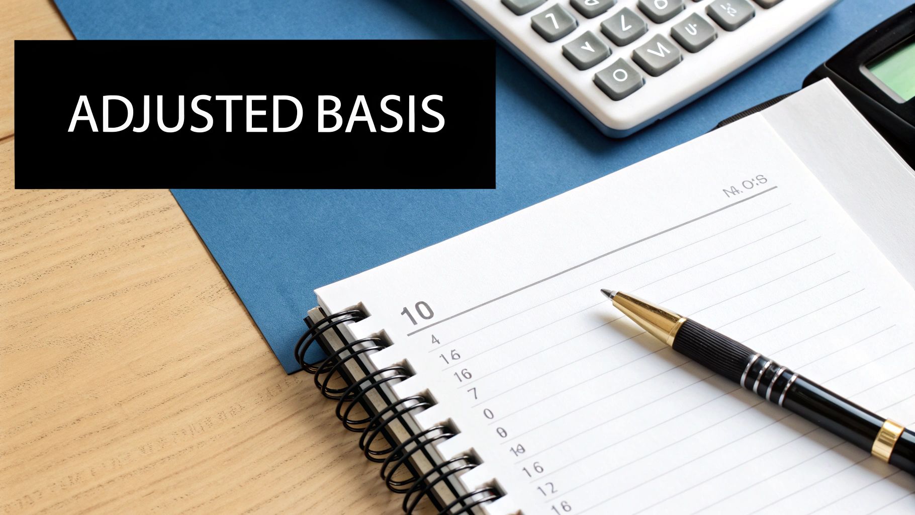 A black box with 'ADJUSTED BASIS' text, alongside a calculator and a notebook with a pen, on a blue and wooden surface.