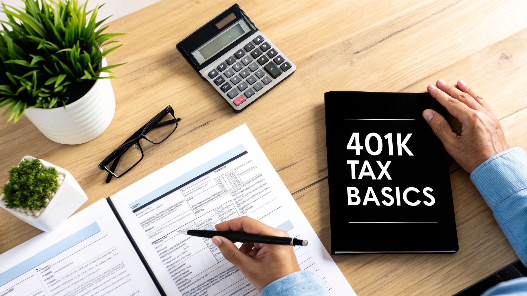 Overhead view of a person reviewing 401K tax basics with documents, calculator, glasses, and plants on a wooden desk.