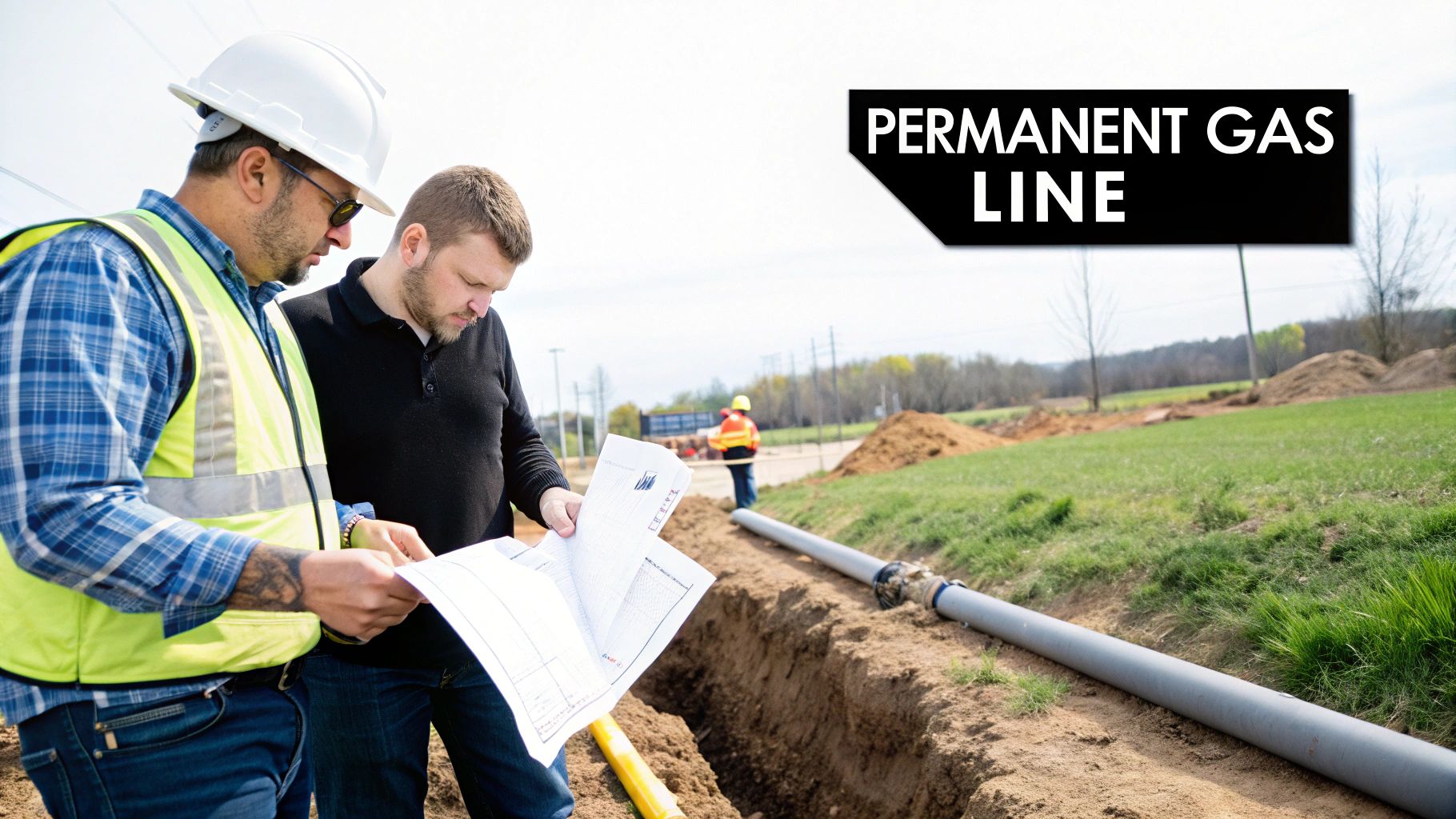 Two construction workers review blueprints for a permanent gas line installation in a trench.