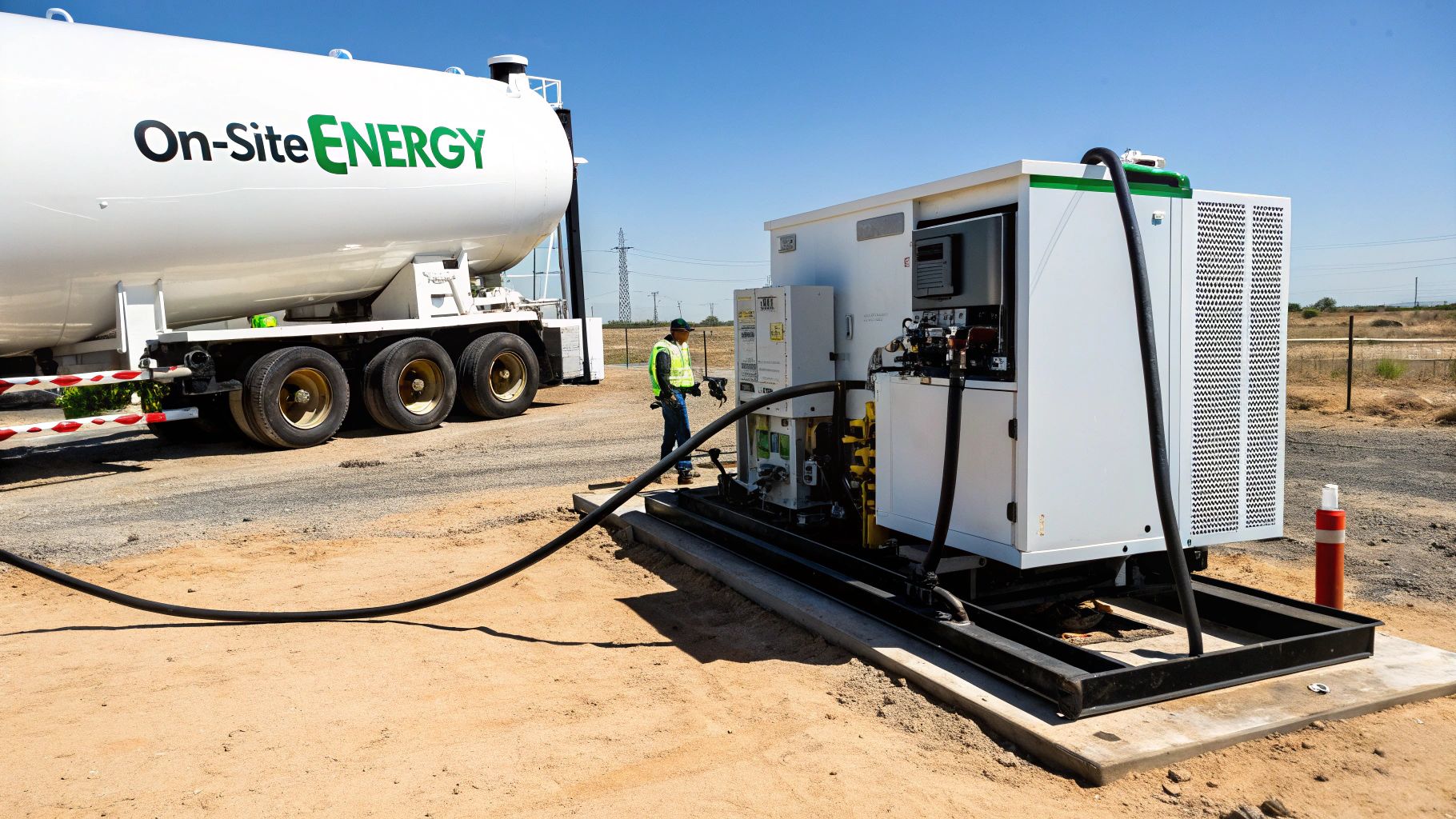 Mobile compressed natural gas refueling station with tanker truck delivering fuel at remote site