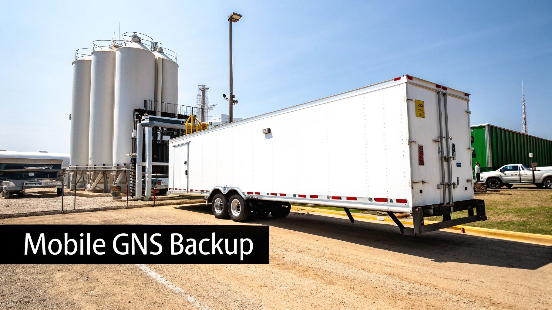 A large white mobile trailer, labeled 'Mobile GNS Backup', at an industrial facility with tall white silos.