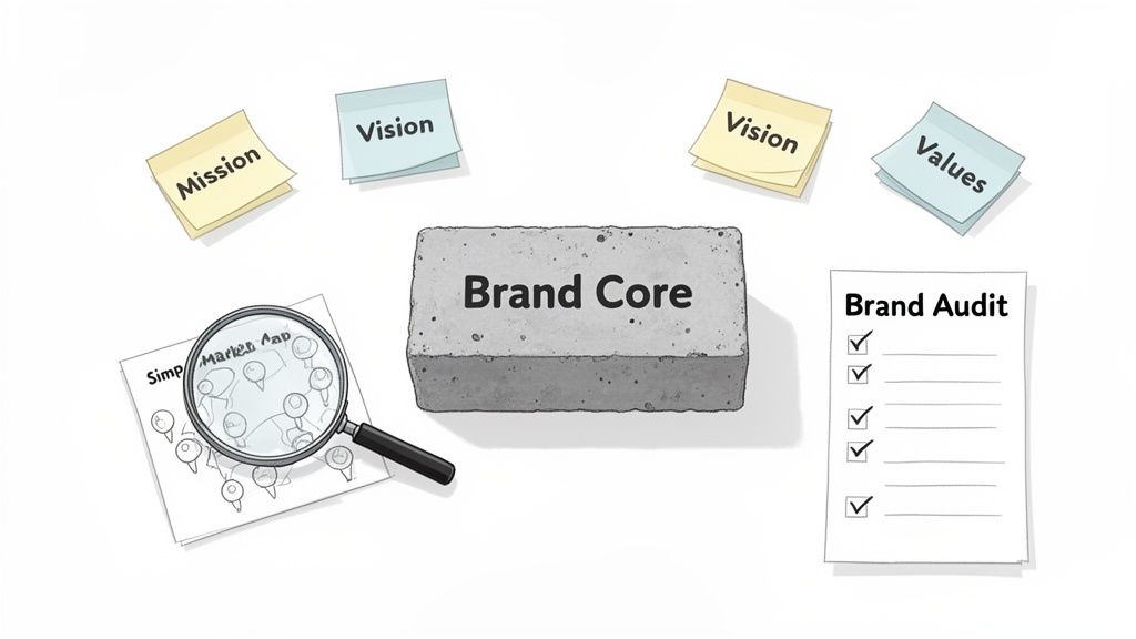 An illustration of brand core elements including mission, vision, values, market map, and brand audit.