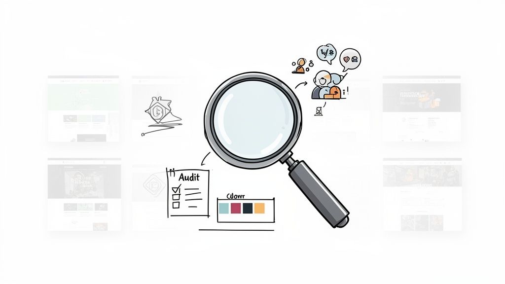 Magnifying glass over website audit checklist, color palette, and user feedback, representing web design analysis.