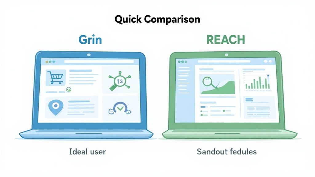 Two laptops displaying dashboards for Grin and REACH platforms side-by-side, illustrating a quick comparison.