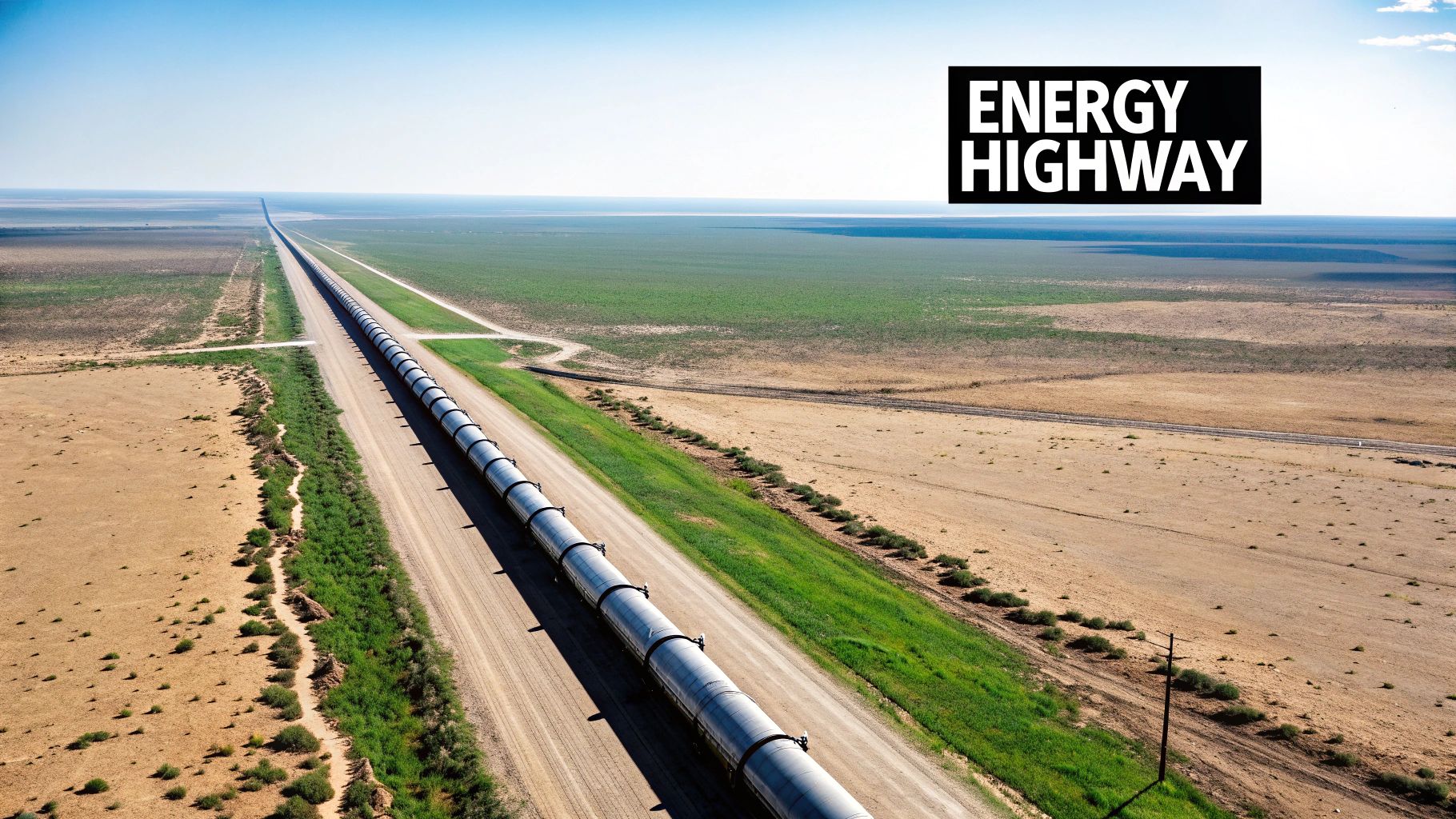 An aerial view of a natural gas pipeline stretching across a vast, flat landscape under a clear sky, labeled 'ENERGY HIGHWAY'.