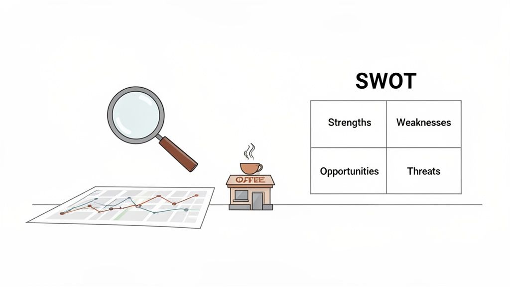 Visual representation of a marketing plan, featuring a SWOT analysis, market data, and a coffee business.