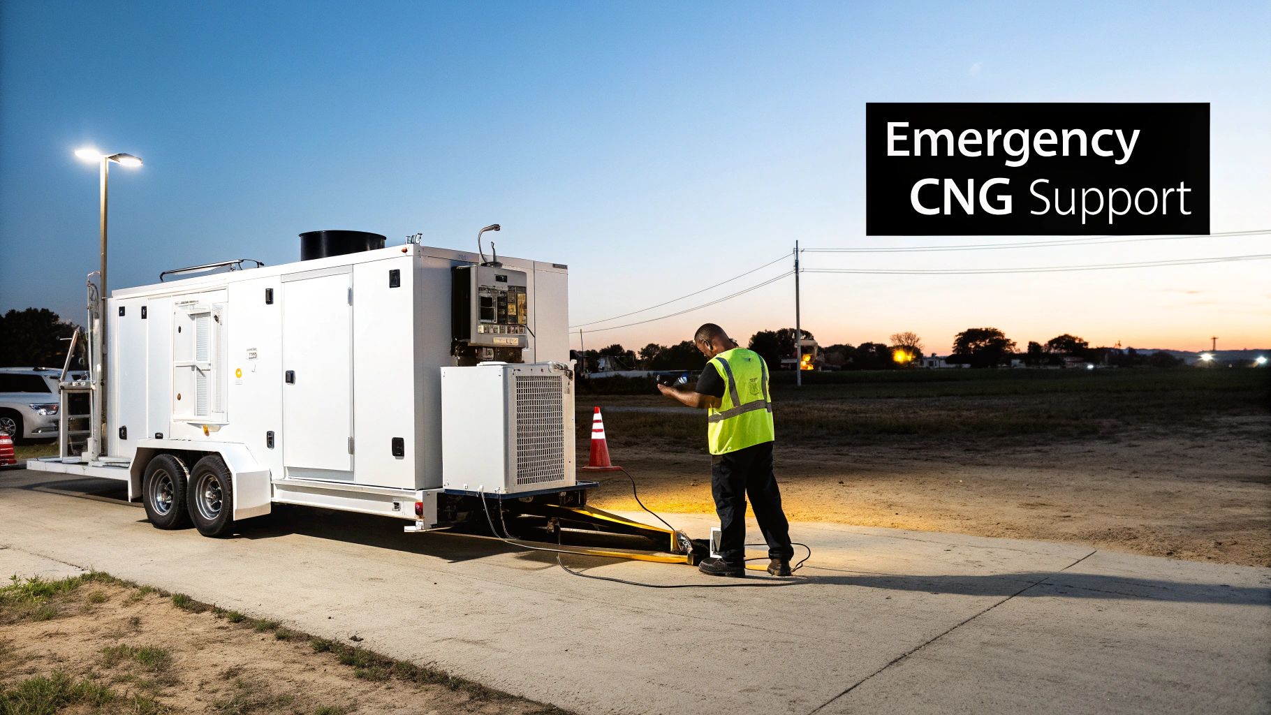 Technician operating a mobile emergency CNG support trailer at dusk, providing critical gas services.