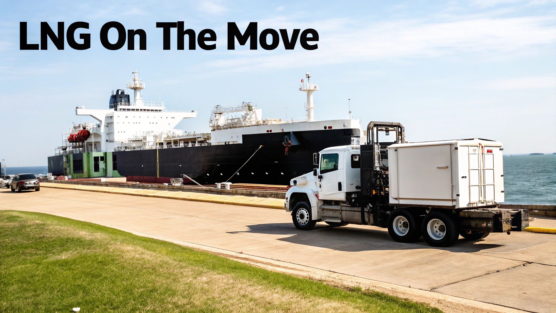 A large LNG carrier ship docked at a port with a transport truck on the road.